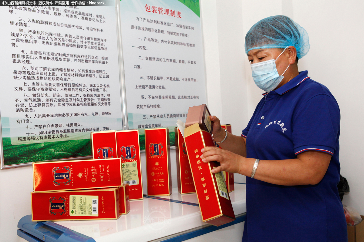      图为工作人员严格按照包装管理制度对加工生产好的连翘叶茶进行包装，准备外销。